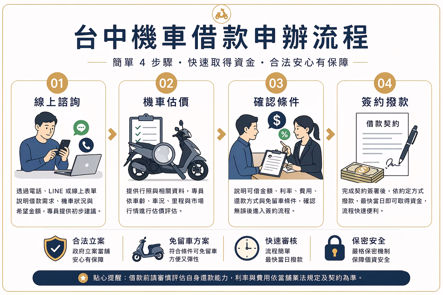 台中機車借款流程圖，從電話詢問、攜車估價、確認條件到簽約撥款當天完成
