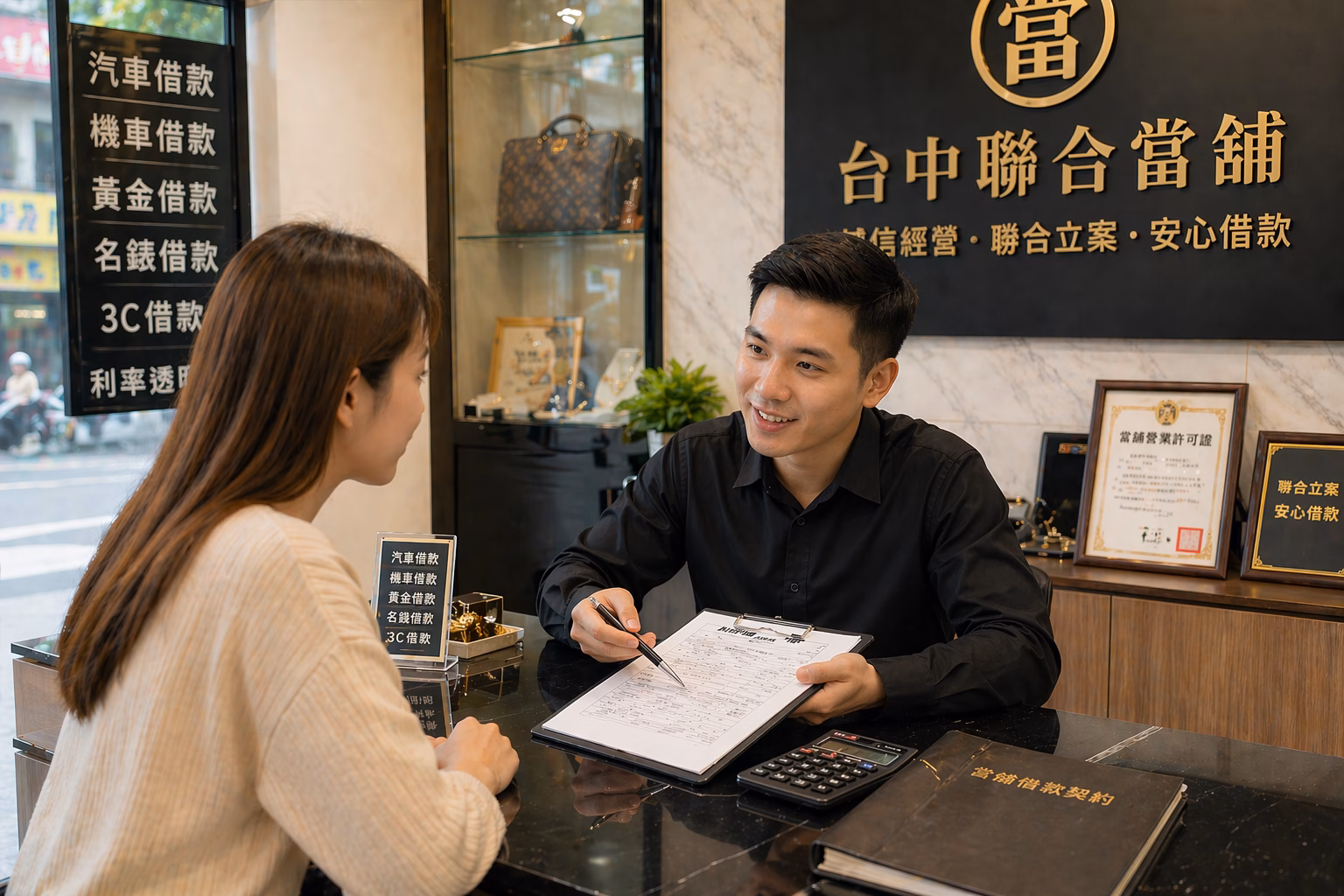台中合法當舖聯合當舖借款諮詢情境，說明如何確認許可證字號、利率費用與契約內容