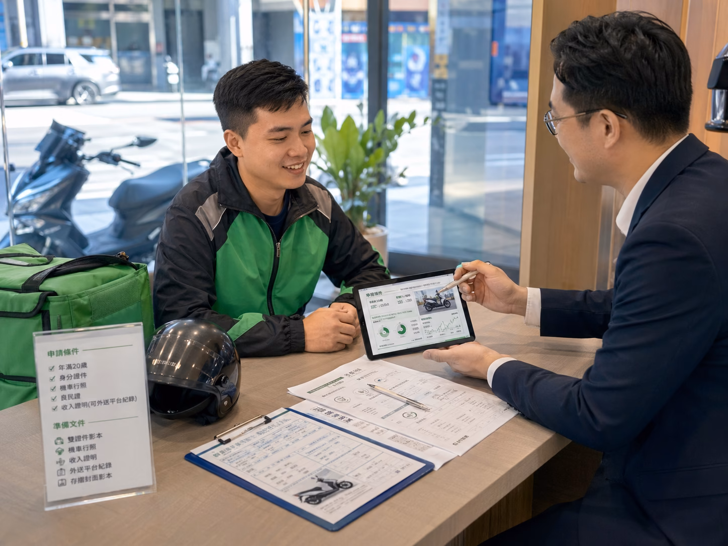 台中外送員機車借款免留車諮詢，專員協助說明接單收入、車輛狀況、可借額度、利率與申辦條件