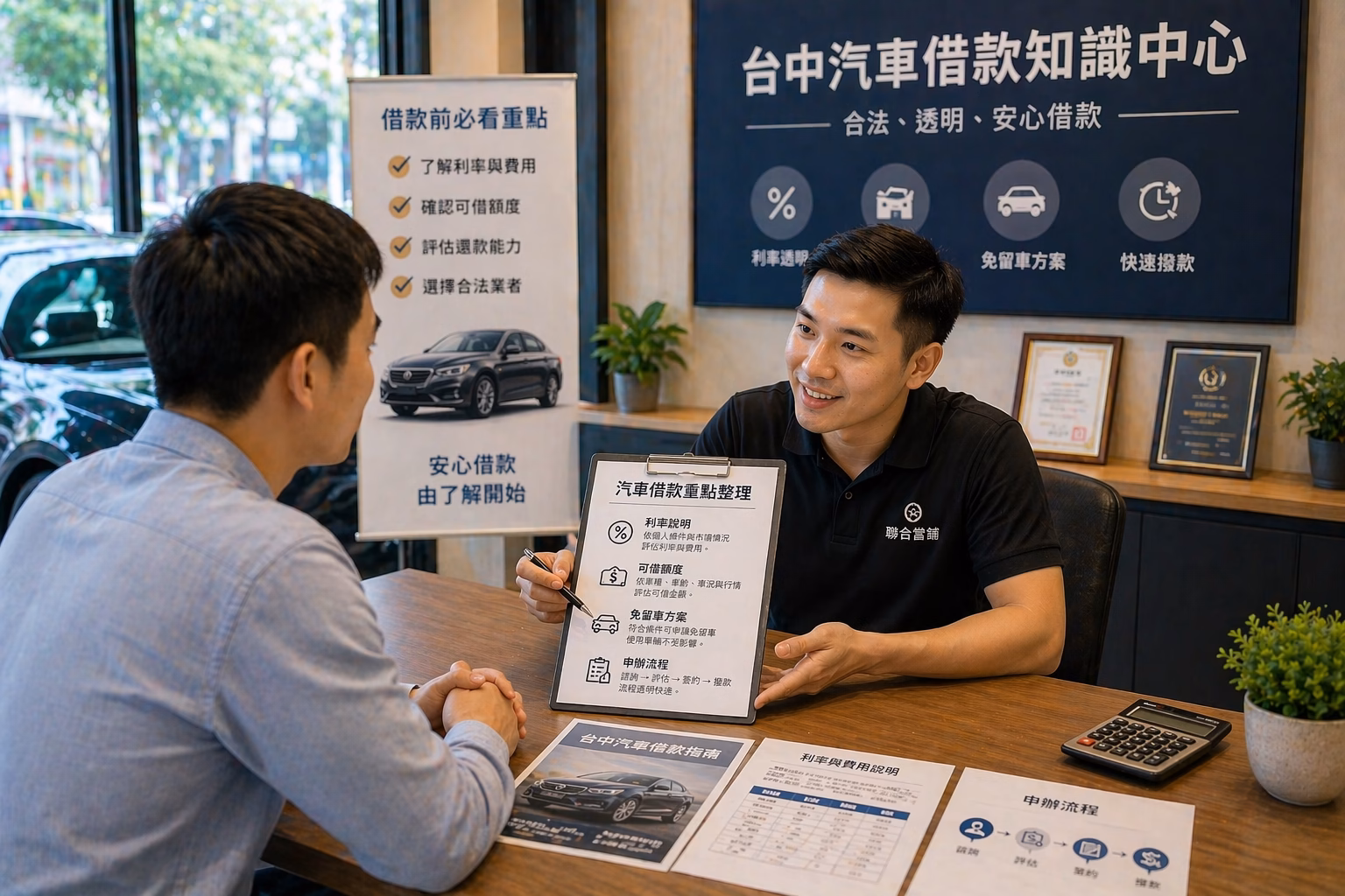 台中汽車借款知識整理與申辦前諮詢，專員協助說明利率、額度、免留車與流程重點程