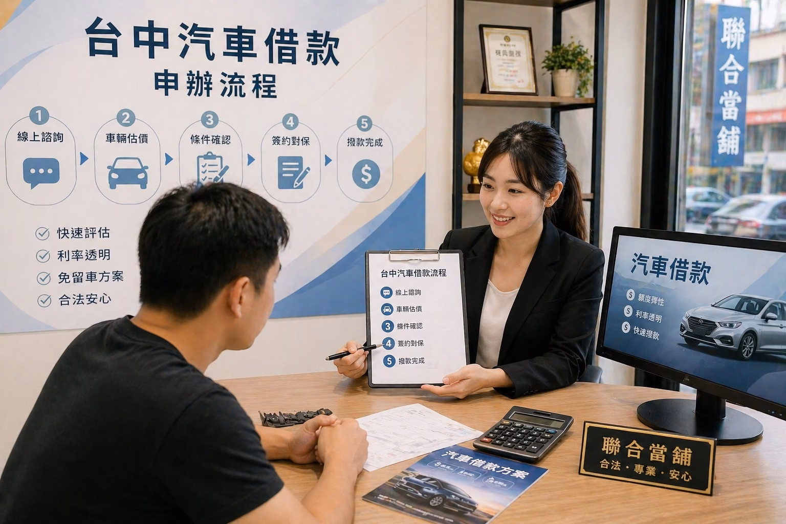 台中汽車借款申辦流程諮詢，專員協助說明線上諮詢、車輛估價、條件確認、簽約與撥款流程