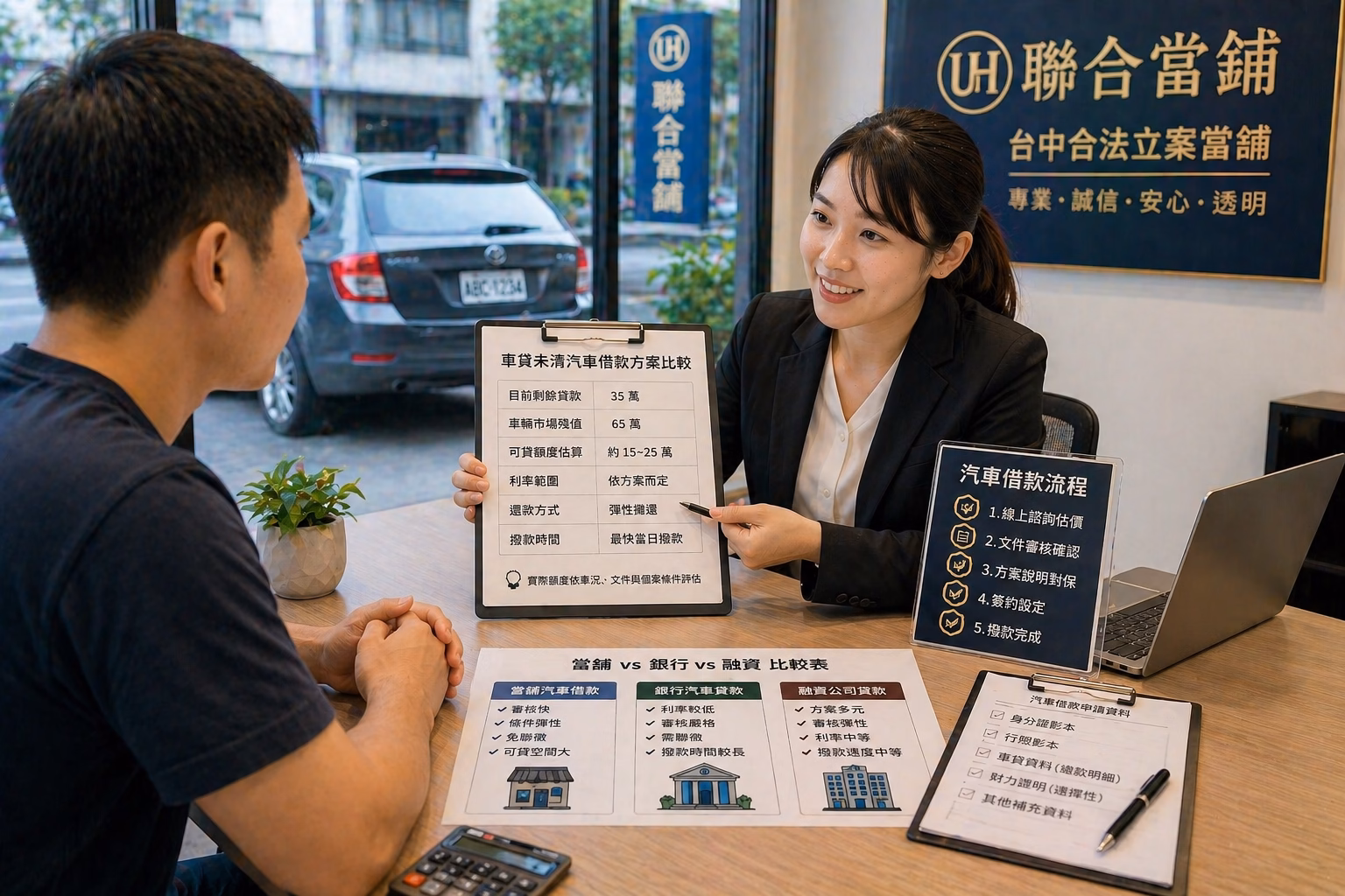 台中車貸未清汽車借款諮詢，專員協助說明剩餘貸款、車輛殘值、額度、利率與申辦流程