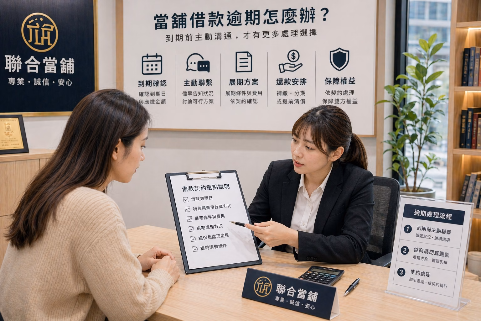 台中當舖借款逾期處理諮詢，專員協助說明到期、展期、還款安排與契約注意事項