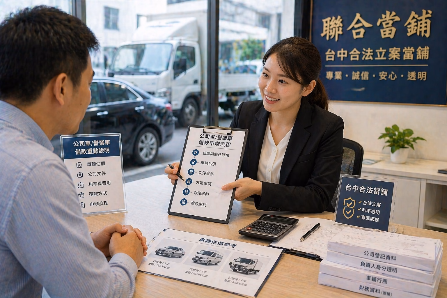 台中公司車與營業車借款諮詢，專員協助說明車輛估價、公司文件、利率與申辦流程
