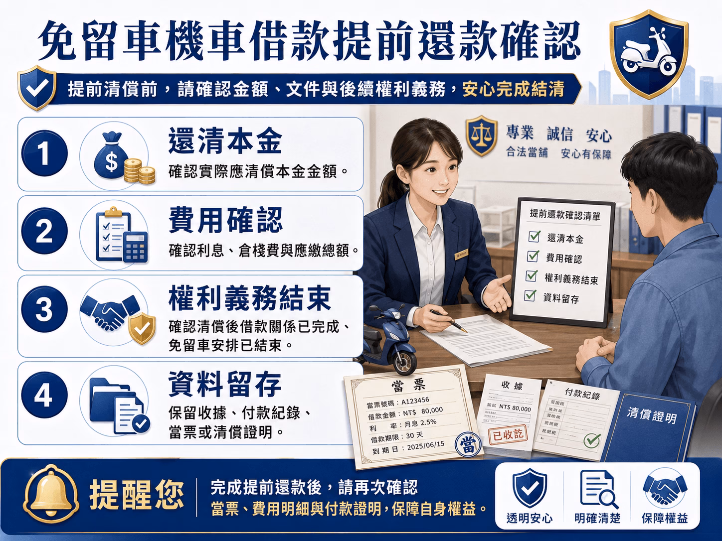 免留車機車借款提前還款確認，說明還清本金、費用確認、權利義務結束與資料留存