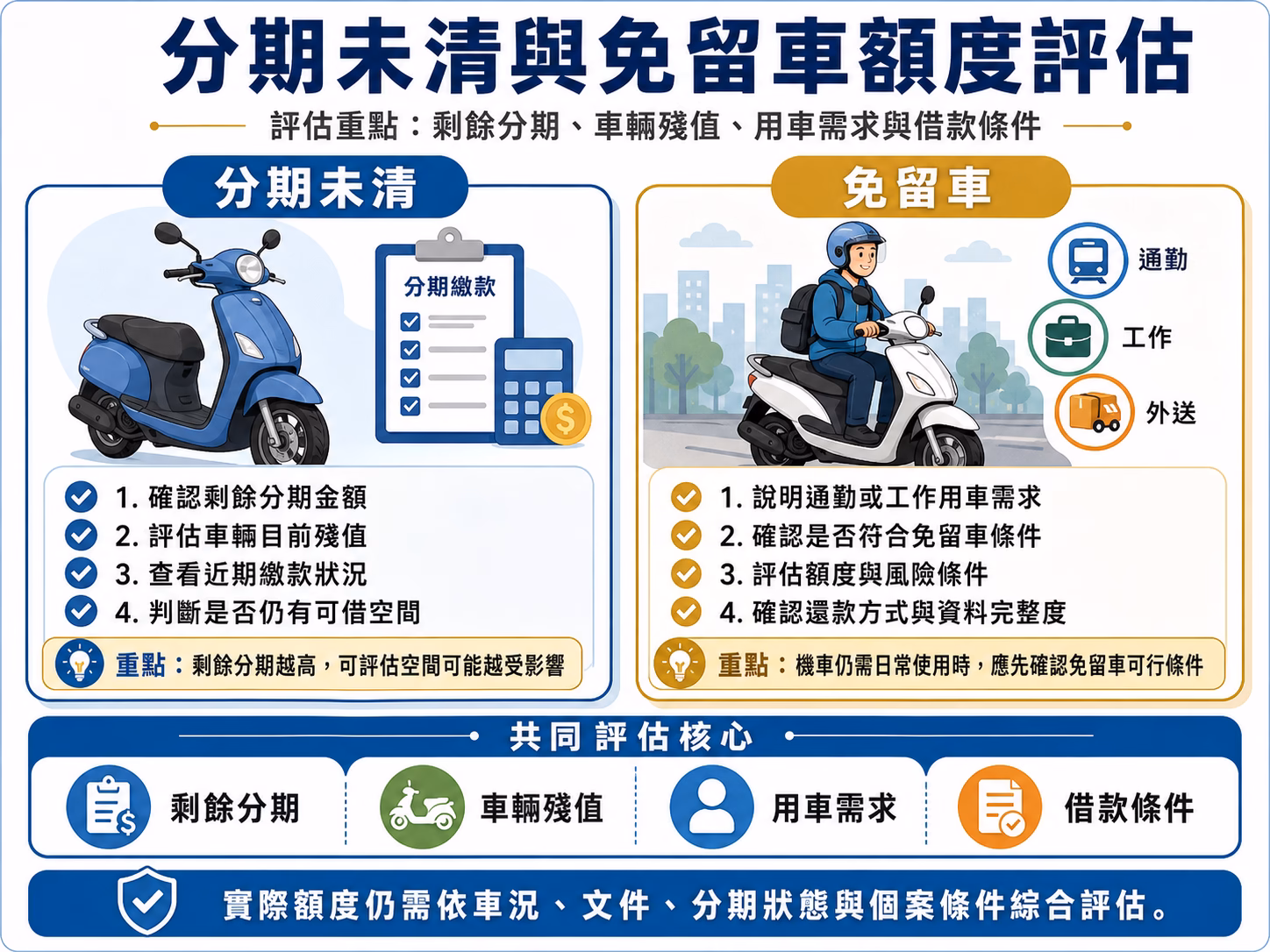 機車分期未清與免留車額度評估，說明剩餘分期、車輛殘值、用車需求與借款條件
