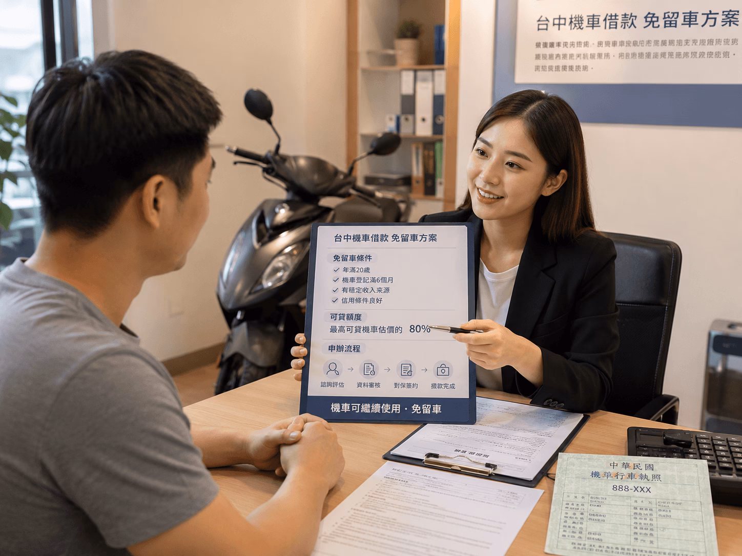 台中機車借款免留車諮詢，專員協助說明機車可否繼續使用、免留車條件、額度與申辦流程
