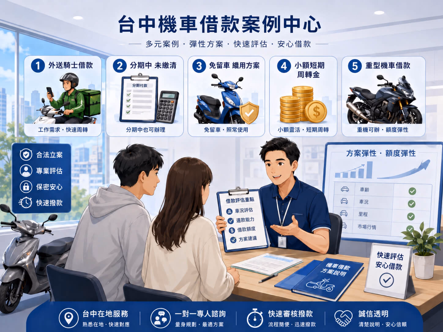 台中機車借款案例中心，整理外送員、分期未清、免留車、小額週轉與重機借款案例