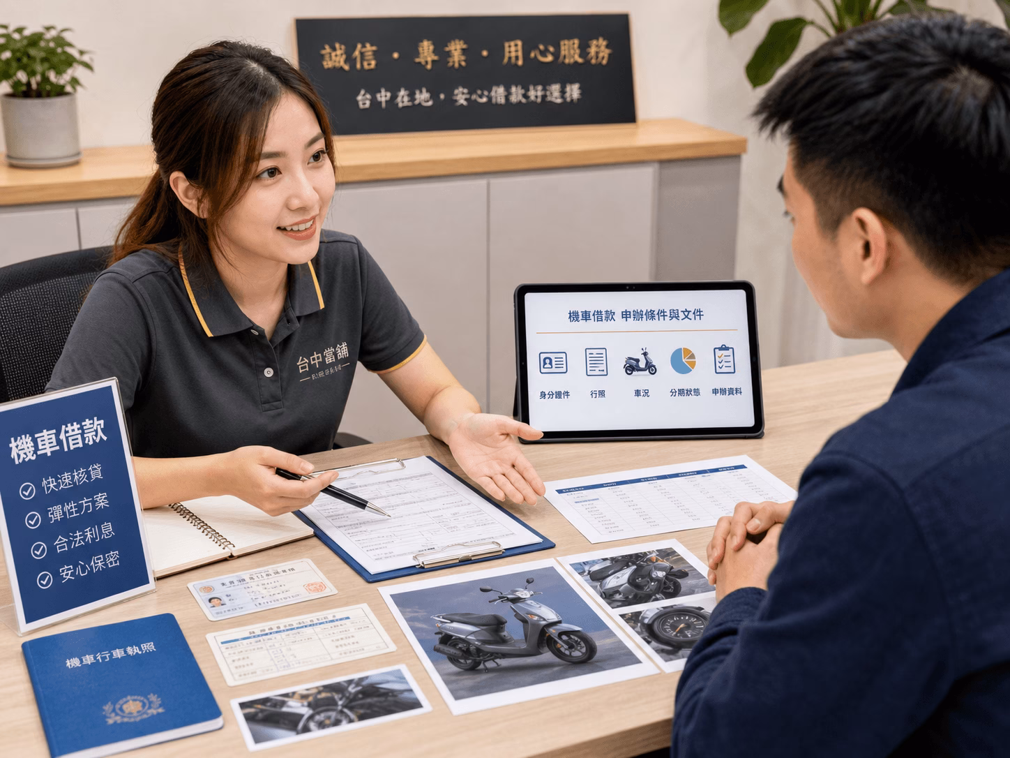 台中機車借款條件與文件諮詢，專員協助確認身分證件、行照、車況、分期狀態與申辦資料