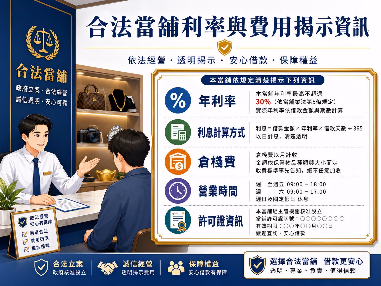 合法當舖應揭示年利率、利息計算方式、倉棧費、營業時間與許可證資訊