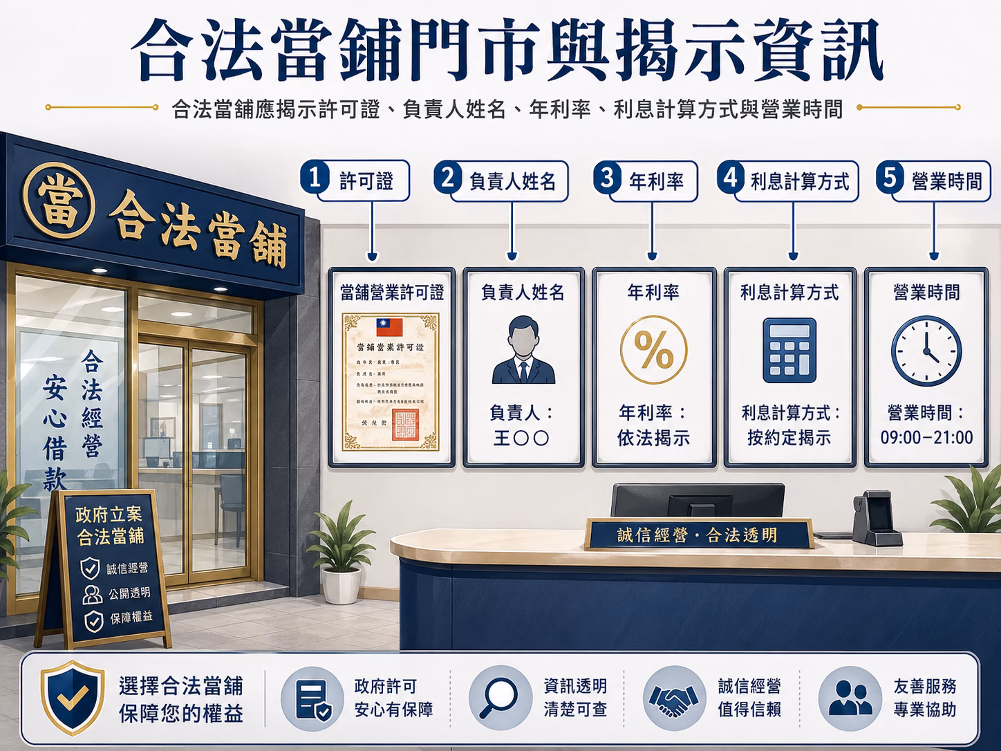 合法當舖門市應揭示許可證、負責人姓名、年利率、利息計算方式與營業時間