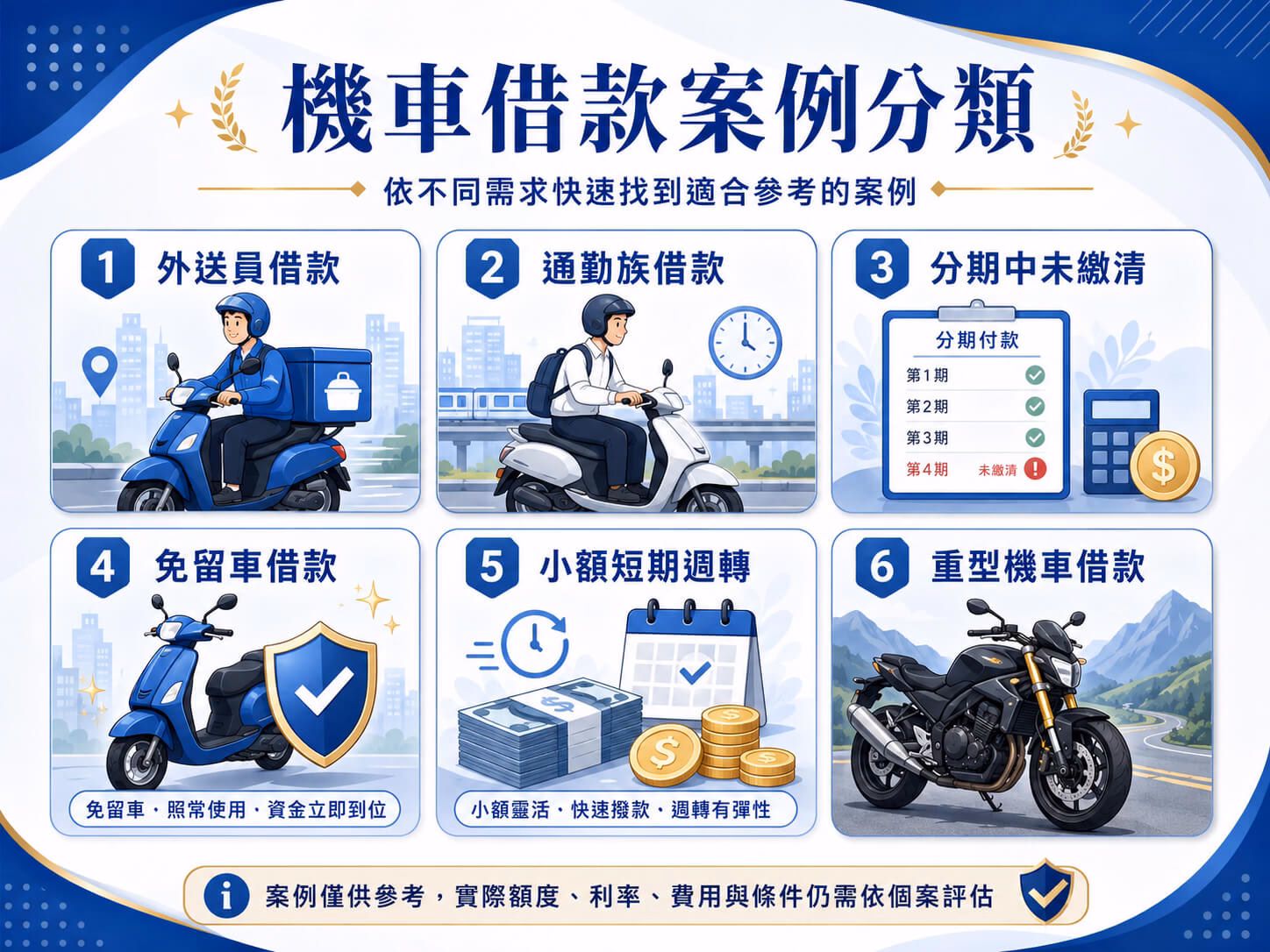 機車借款案例情境分類，包含外送員、通勤族、分期未清、免留車、小額週轉與重機借款