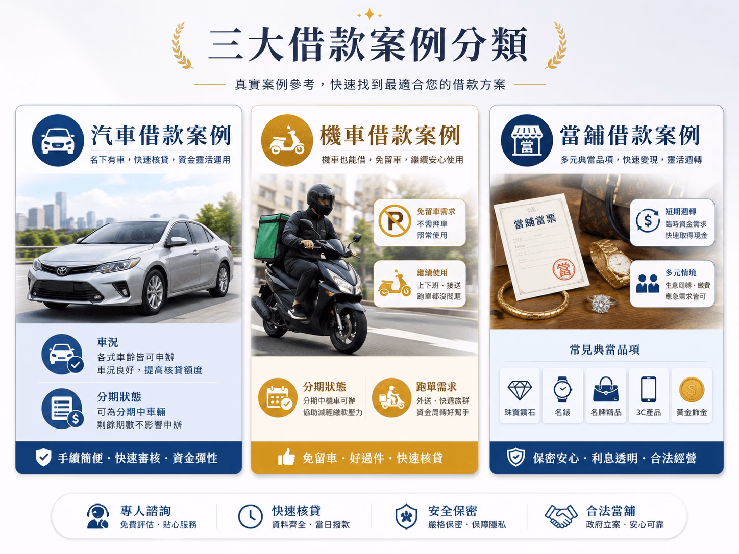 汽車借款、機車借款與當舖借款案例分類，協助民眾依車況、分期狀態、免留車需求與週轉情況選擇適合案例