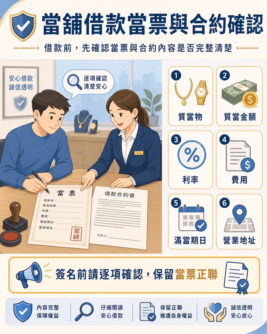 當舖借款當票內容確認，包含質當物、質當金額、利率、費用、滿當期日與營業地址