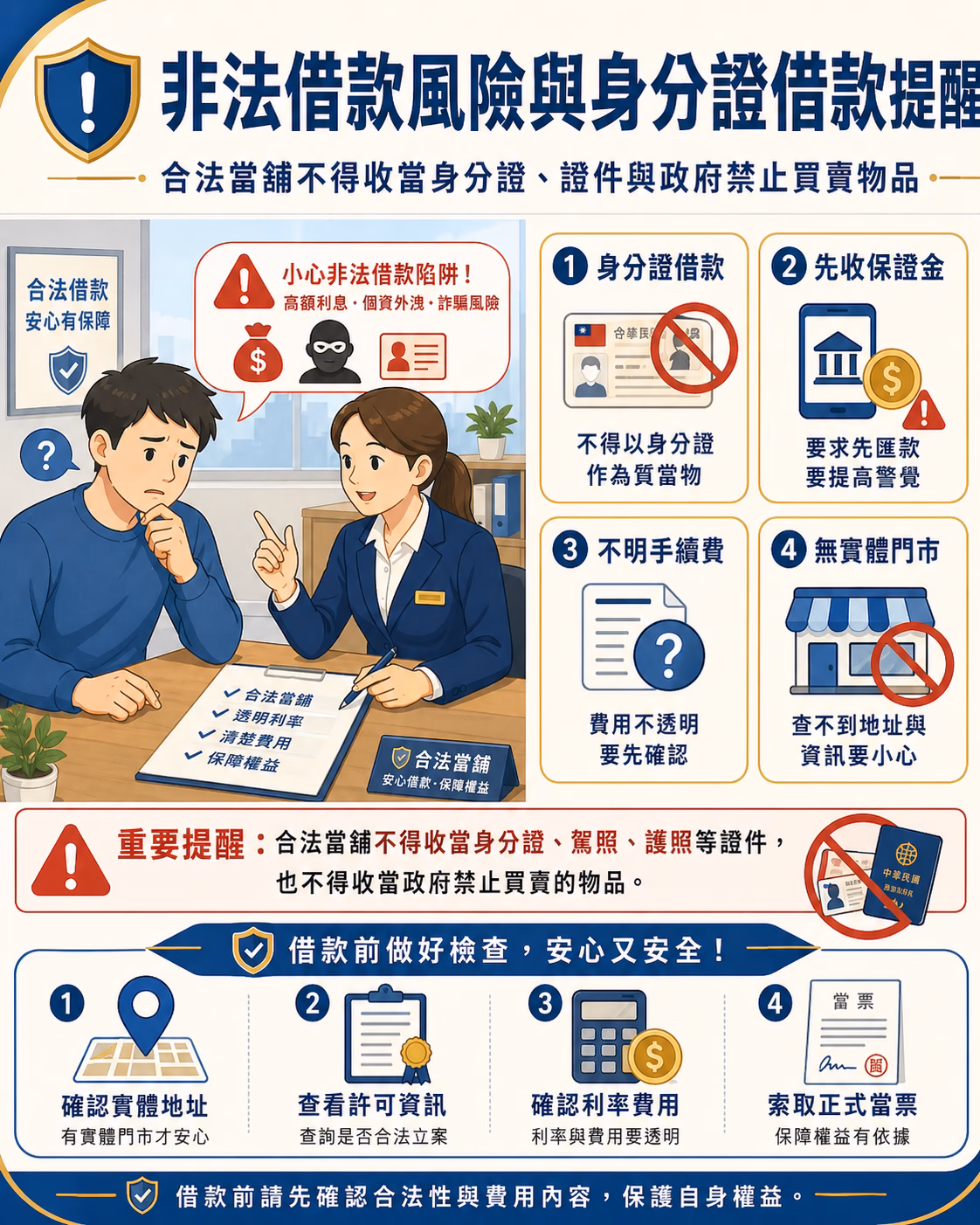 非法借款風險提醒，合法當舖不得收當身分證、證件與政府禁止買賣物品
